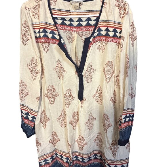 Lucky Brand XL Boho Tunic Top Beige Red Blue Geometric & Paisley Print 3/4 Sleev - Picture 2 of 6